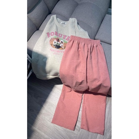 Set Bộ Nỉ Thu Đông Foruyes, áo nỉ Sweater tay bồng kèm quần suông nhung tăm hồng