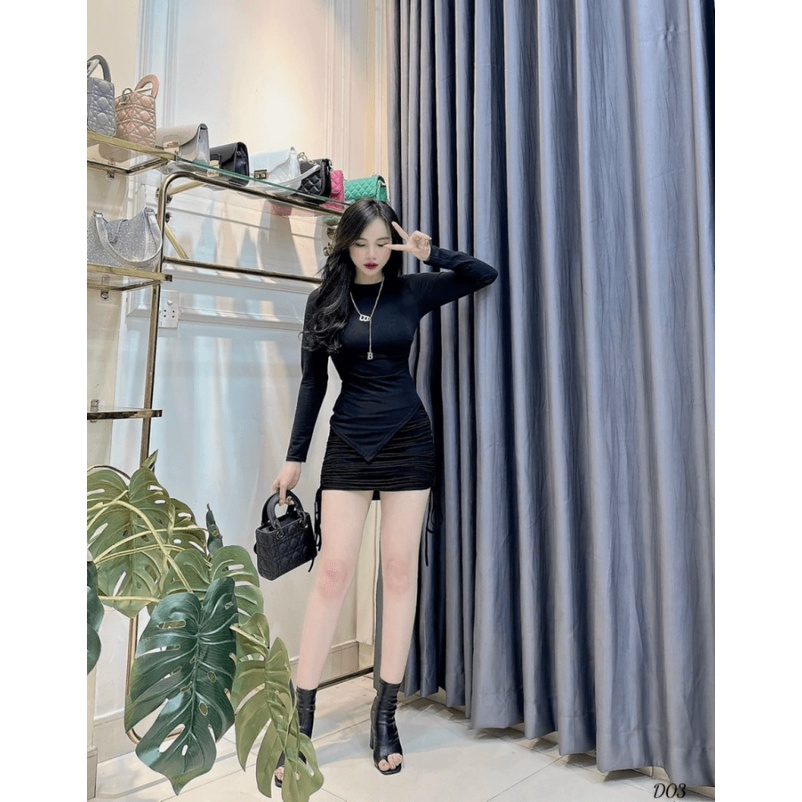 (FREE SHIP) SIÊU SALE SÉT VÁY THUN GÂN THIÊT KẾ ÁO TAY DÀI PHỐI VÁY NGẮN XINH XẮN KHI ĐI CHƠI UP SHOP VALENTINNA