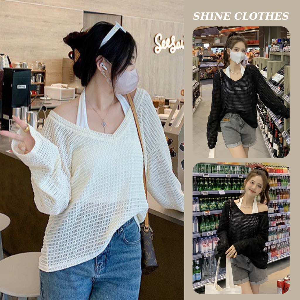 Áo sweater Dệt Kim Tay Dài Cổ V SHINE CLOTHES Phong Cách Hàn Quốc , Áo len dệt kim áo lưới dáng rộng kèm áo 2 dây