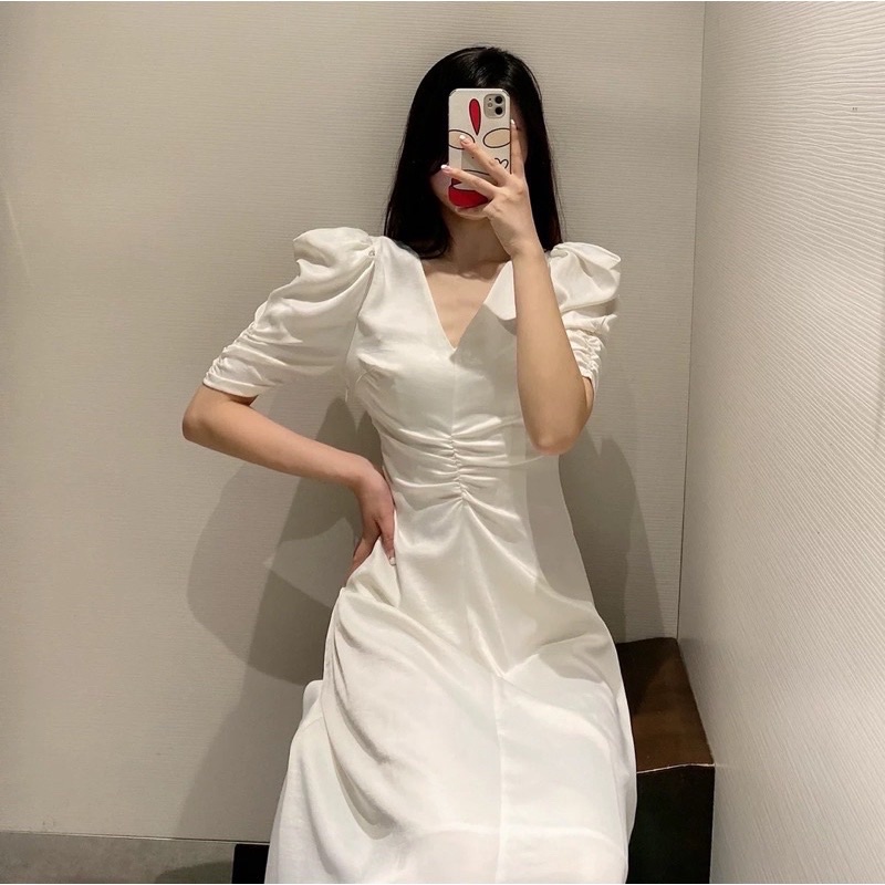 Váy trắng chiết eo tay bồng