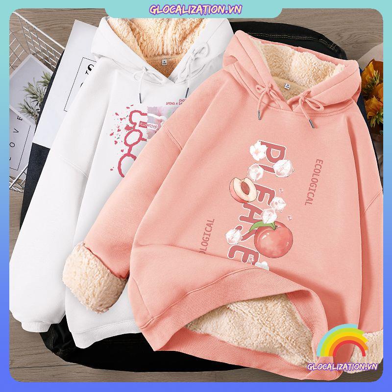 Áo hoodie liền mũ màu hồng lót nhung dày dặn cộng với áo khoác cỡ lớn
