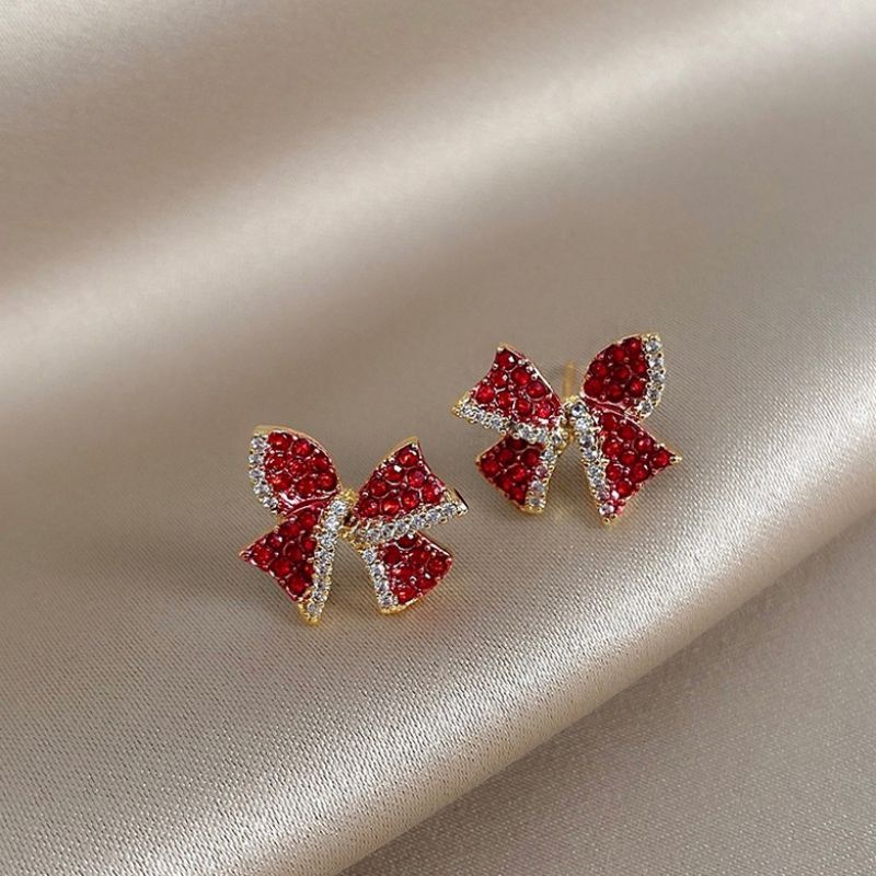 Bông Tai Mạ Bạc 925 Hình Nơ Đính Đá Zircon Màu Đỏ Thời Trang Cho Nữ