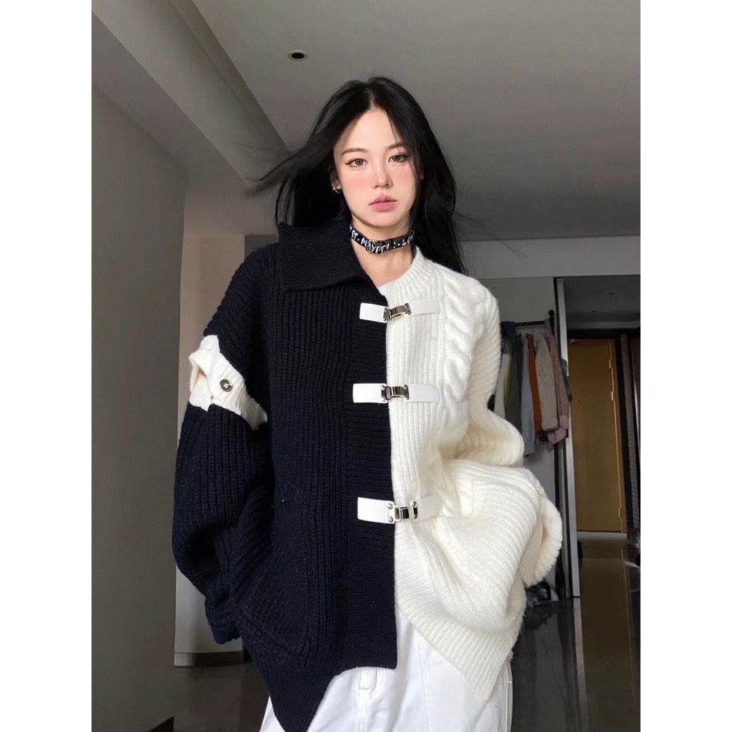 Áo Khoác Cardigan Dệt Kim Dáng Rộng Phối Màu Tương Phản Thời Trang Mùa Đông Mới