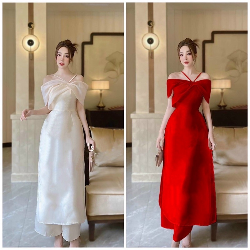 ÁO DÀI TRỄ VAI CÁCH TÂN KÈM QUẦN ỐNG SUÔNG PHI LỤA 🎀 Mặc tết siêu xinh 🎀