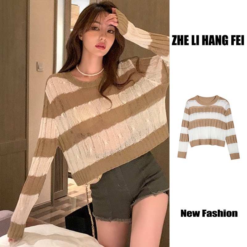 【ZHELIHANGFEI】Áo Dệt Kim Tay Dài Lưng Cao Kẻ Sọc Cá Tính Quyến Rũ Cho Nữ