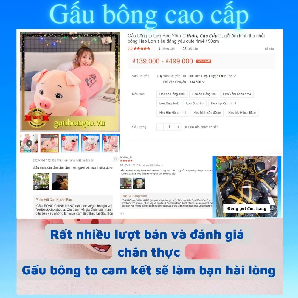 Gấu bông to Lợn Heo Yếm 🛡𝑯𝒂̀𝒏𝒈 𝑪𝒂𝒐 𝑪𝒂̂́𝒑🛡, gối ôm hình thú nhồi bông Heo Lợn siêu đáng yêu cute 1m4 / 90cm