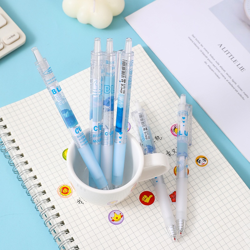 Bút Gel Nước, Bút Bi Bấm Mực Đen HynBee Họa Tiết Phong Cảnh Màu Xanh Dương Dễ Thương