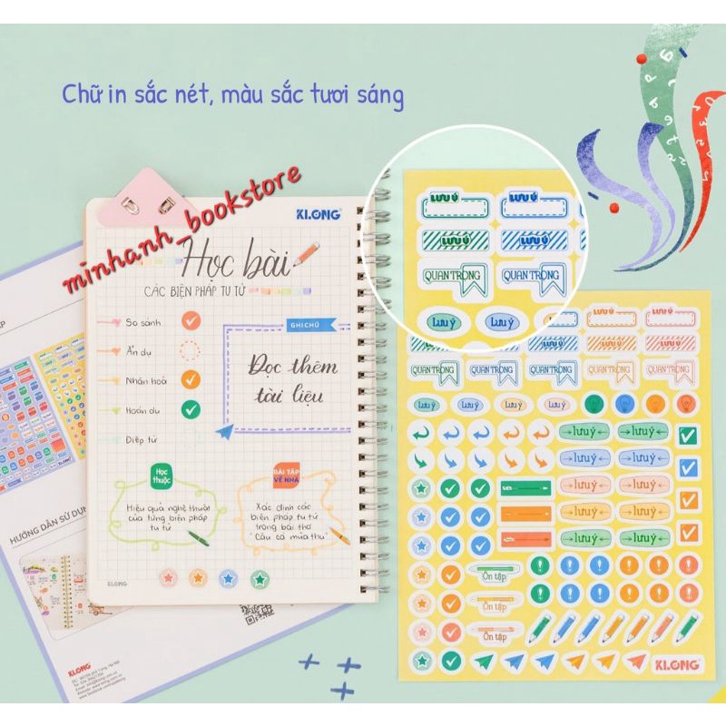 Bộ 3 tờ Nhãn dán học tập study sticker, nhấn nhá cho trang vở học tập hiệu quả hơn của KLONG, sẵn keo dán