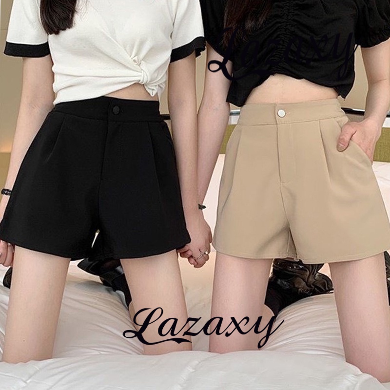Quần short nữ xếp ly lưng thun sau Lazaxy chất cotton cao cấp quần đùi nữ ống rộng cạp cao màu đen trắng n
