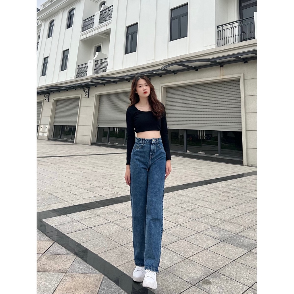 Quần JEAN nữ ống rộng, Quần BÒ nữ ống suông màu xanh đậm, kiểu baggy ống đứng JN4U ảnh thật | BigBuy360 - bigbuy360.vn