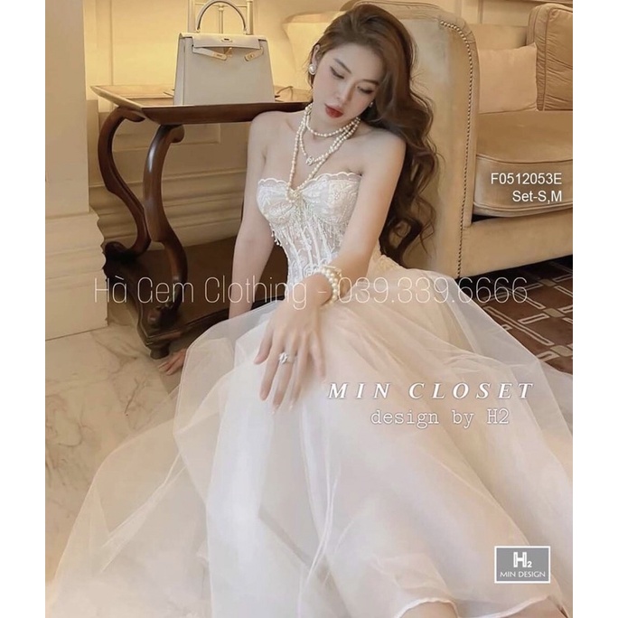 Set áo ống ren hoa viền bèo kèm Váy lưới dài có lót TT0512