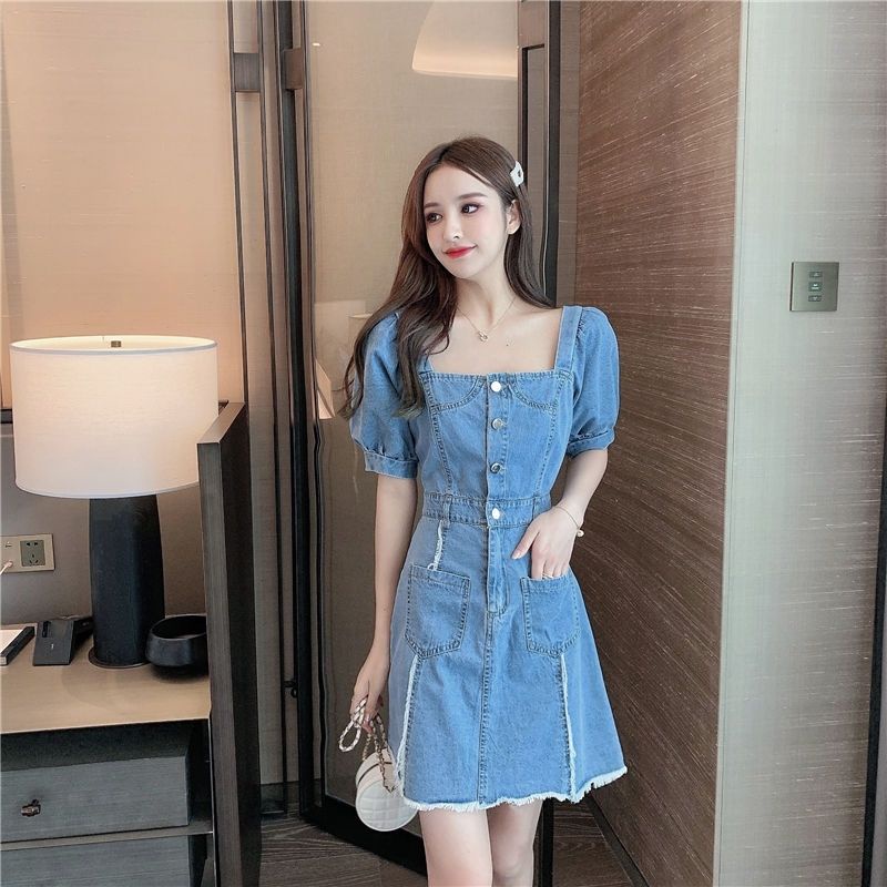 Đầm Denim Cổ Vuông Phong Cách Pháp Ngọt Ngào Thời Trang Mùa Hè 2023 Mới Cho Nữ / Nam