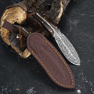 Gỗ đàn hương tay cầm lông vũ hoa văn dao thẳng damascus dao thép không gỉ dao trái cây cắm trại ngoài trời dao dao bỏ tú