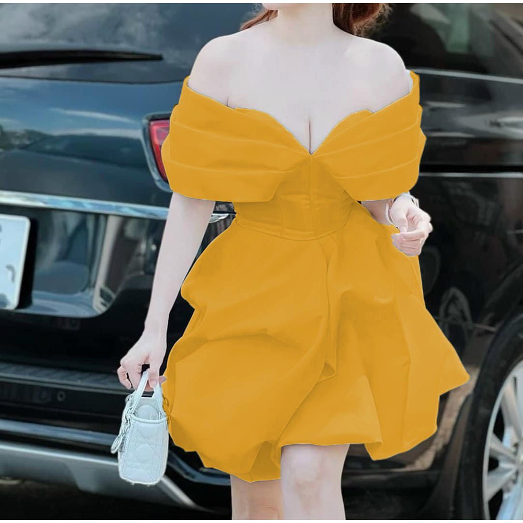 Đầm váy dự tiệc taffta tùng xòe dún bí bẹt vai sang trọng