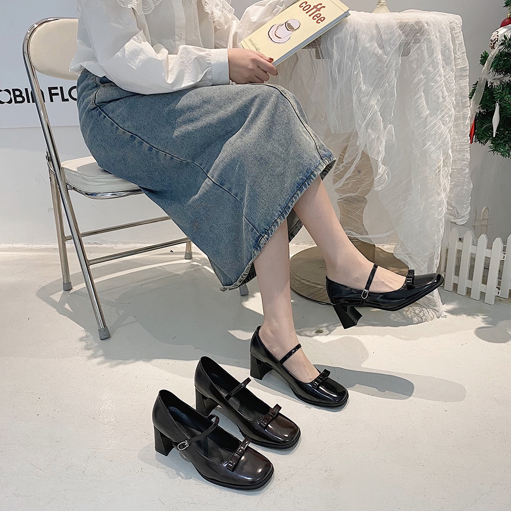 【Kiểm định chất lượng】Giày Da Mũi Vuông Đính Nơ Phong Cách Anh Quốc Cho Nữ