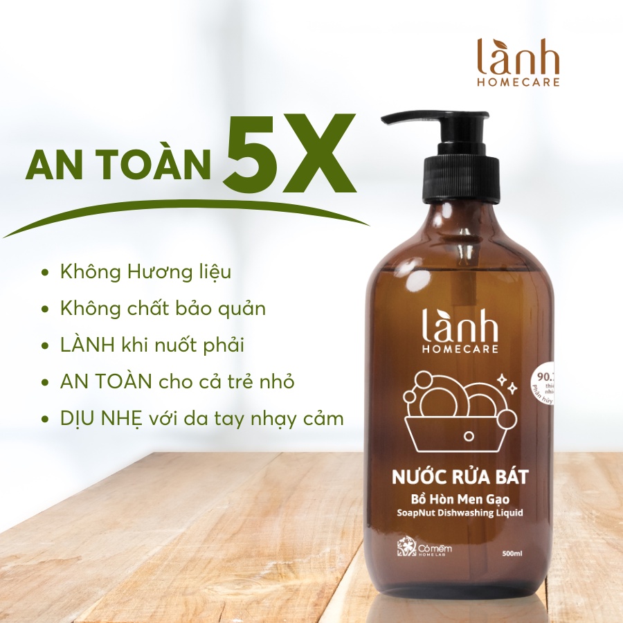 Nước Rửa Chén Bát Thiên Nhiên Lành Homecare Chiết xuất Từ Bồ Hòn Men Gạo An Toàn Cỏ Mềm 500ml