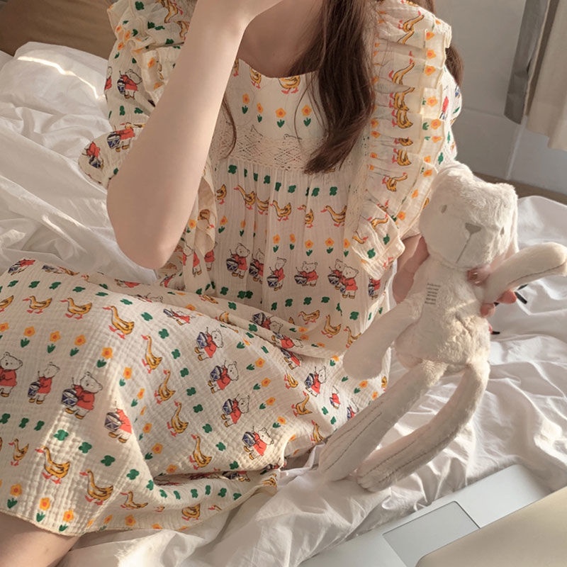 Đồ ngủ Một Mảnh Tay Ngắn Dáng Dài Phong Cách Hàn Quốc Thời Trang Mùa Hè Hàng Mới Dành Cho Bạn Nữ Mặc Tại Nhà Sinh Viên NSYK