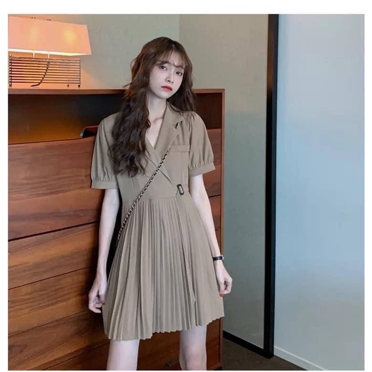 Váy đầm Vest Blazer dáng suông , dập ly công sở tiểu thư , dáng chữ A xếp ly cổ bẻ buộc dây sang trọng phong cách