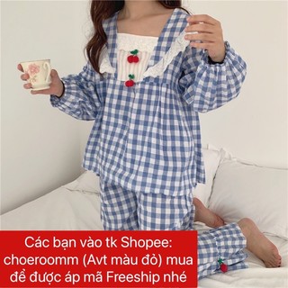 [SẴN ĐỎ DÀI] Bộ ngủ cherry sọc dài tay ngắn tay xanh đỏ có ảnh thật ulzzang