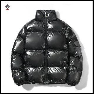 Chất lượng cao Hàng tồn kho áo phao nam Áo Khoác phao Đệm Cotton Sáng Bóng Cổ Đứng Màu Xám Bạc Phong Cách Đường Phố Mùa Đông