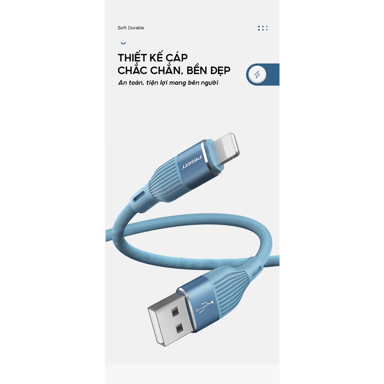 Cáp PISEN USB to L 2.4A 1200mm vật liệu nhựa mềm thân thiện, chống thấm nước,bám bẩn, model: LT-AL01-1200, bh 24 tháng