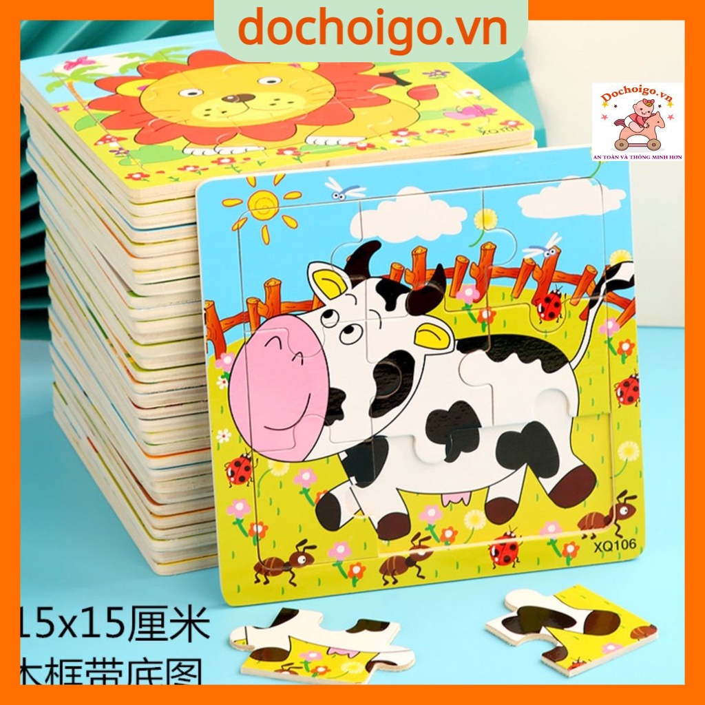 Đồ chơi xếp hình tranh ghép gỗ 9 mảnh size to 15x15 cm nhiều hình ngộ nghĩnh cho trẻ 2 3 4 5 tuổi