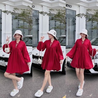 Đầm váy nữ babydoll tay dài cổ V phối bèo cột nơ tay có bo chun