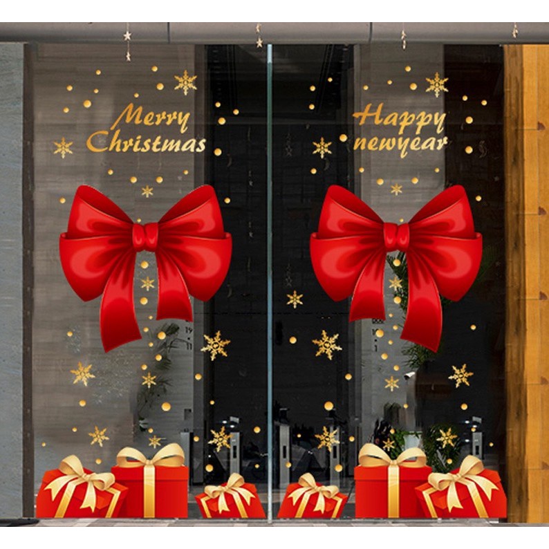 Combo decal trang trí noel hít tĩnh điện - 2023 phối Nơ và chân quà ( 3 tấm )