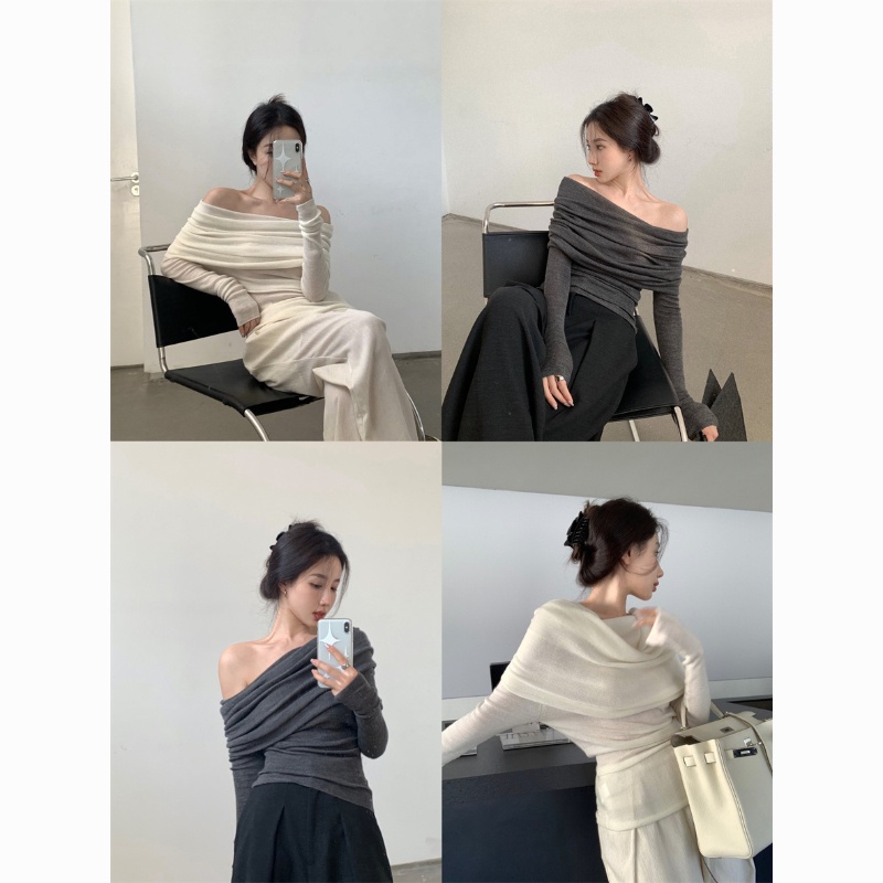 COZOK Áo kiểu COZOK dệt kim tay dài thiết kế trễ vai ôm dáng vừa vặn thời trang dành cho nữ