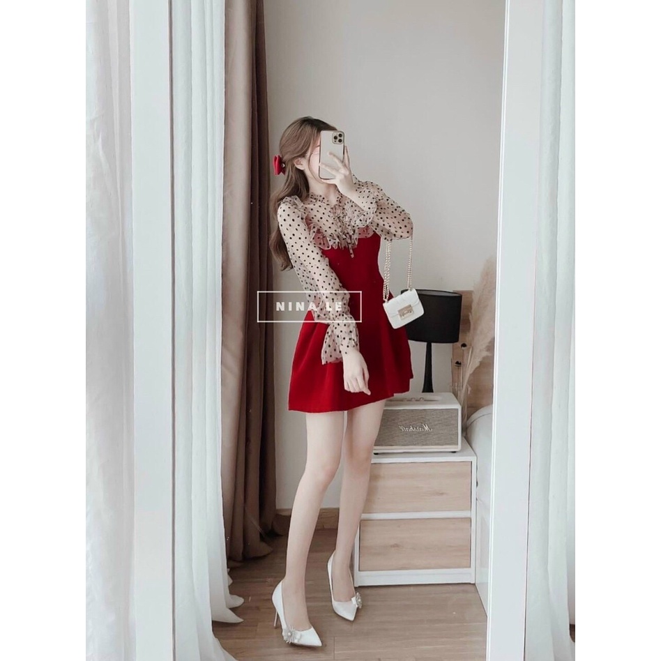 [12.12 Sales Freeship] Đầm tiểu thư nữ màu đỏ phối lưới chấm bi, đầm xòe cổ bèo tay lưới ôm eo dàng ngắn dễ thương mtb