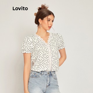 Áo sơ mi nữ lovito boho polka dot v cổ tay áo thun ren tương phản l33ld068