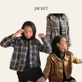 Áo khoác dạ kẻ cổ áo bo tròn dáng ngắn JB221