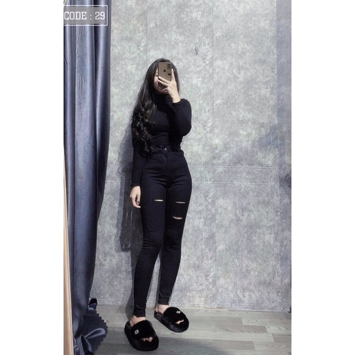 Quần jeans nữ bigsize 60kg đến 98kg bao vừa Màu Đen Rách 2-1 Lưng Siêu Cao Form Ôm Hack Dáng
