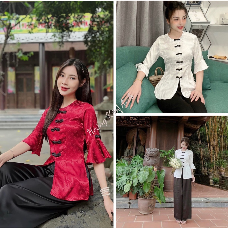 Bộ lụa áo bà ba đi lễ chùa tay xèo cao cấp đồ lam nữ cách tân vải lụa kèm quần bà ba may sẵn ABB-Trắng & Đỏ