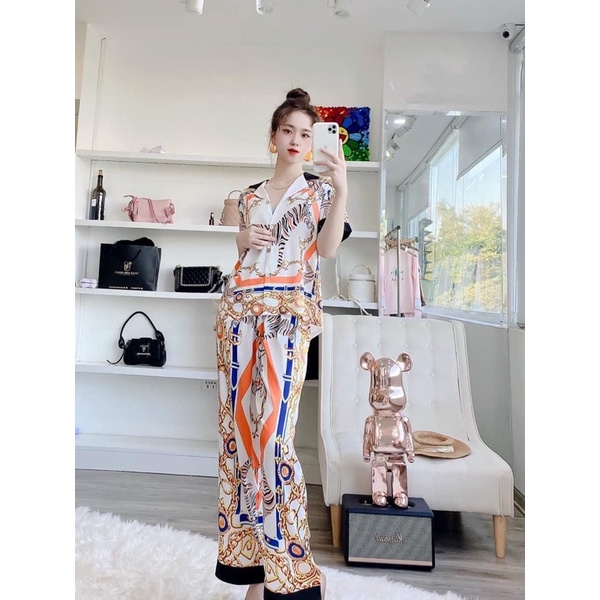 BỘ PIJAMA LỤA TAY NGẮN QUẢNG CHÂU CAO CẤP VẰN CAM