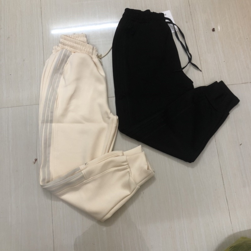 Quần Jogger Nữ , quần nỉ xốp nữ ống rộng cạp chun có dây rút bo gấu trơn 2 sọc thể thao cá tính