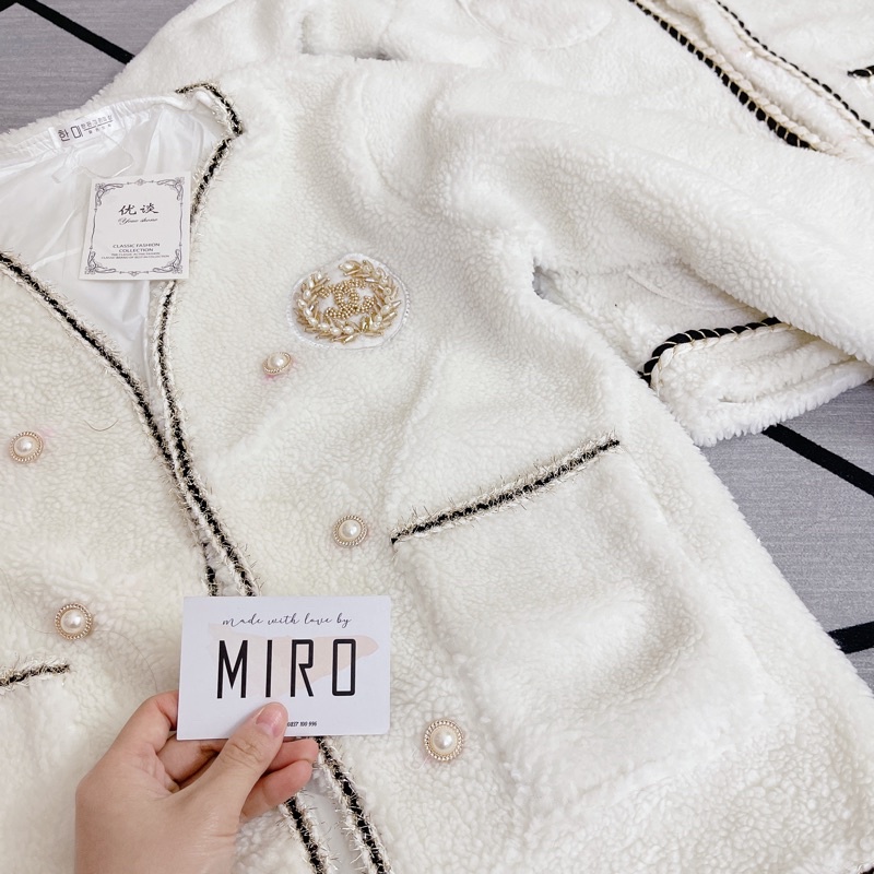 Áo khoác lông cừu đại hàn cổ tròn dày dặn ấp áp mặc đi Đà lạt Sa pa áo lông 4 túi viền dây dệt cúc ngọc