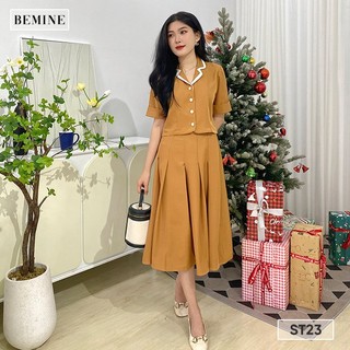 Set chân váy xếp li áo cổ vest bemine st23