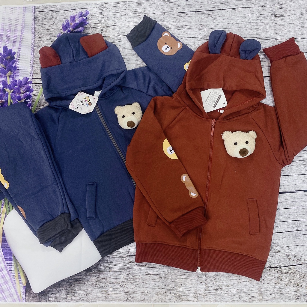 Đồ bộ cho bé Shop Sam Ú áo kéo khóa có Gấu ở ngực siêu dễ thương vải Nỉ trần bông- Bộ đồ bé trai form nhỏ size 1-7 V12