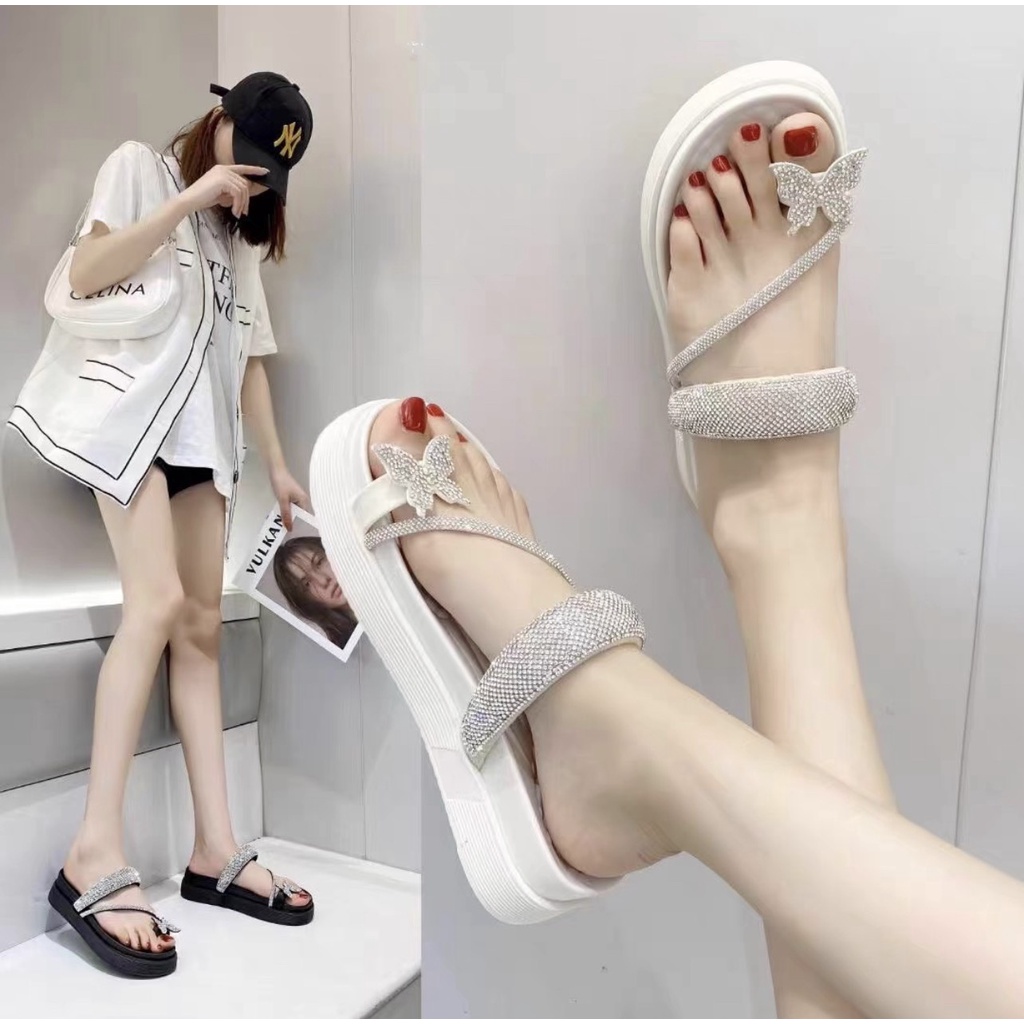 Dép bánh mì quai đá kim sa gắn bướm
