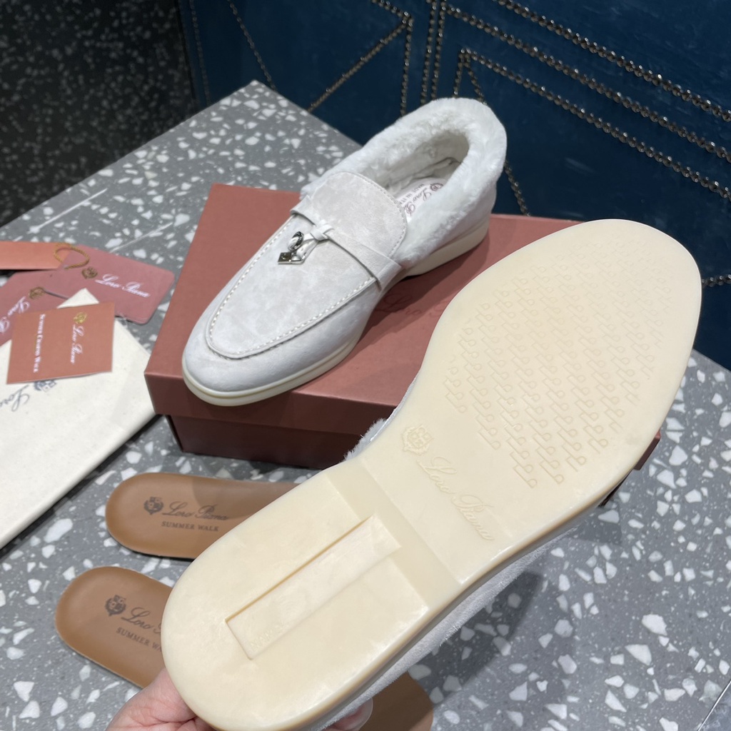 Giày lười da thật lót lông thời trang cao cấp Loro Piana phong cách retro, thanh lịch