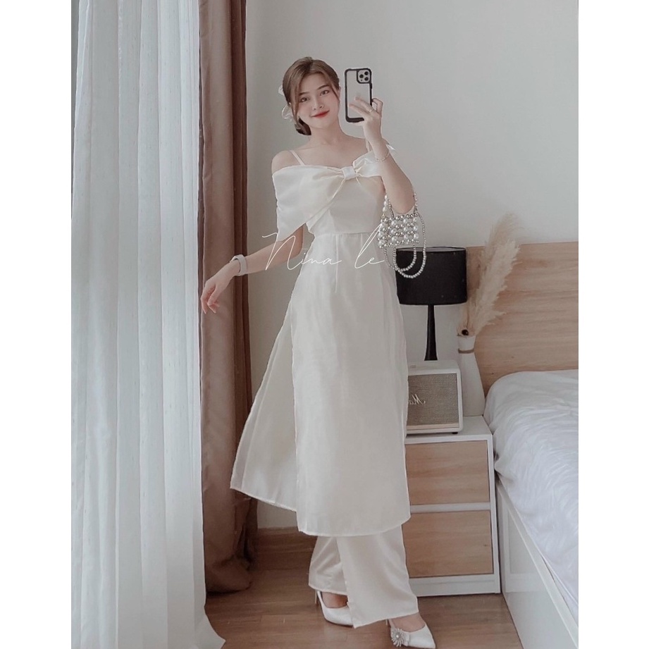 Đầm Thiết Kế Kiểu Áo Dài Cách Tân Trễ Vai Cột Nơ Xinh Xắn, Gợi Cảm, Duyên Dáng, Chất Voan Cao Cấp Dày Mềm Mịn, Mát, Bền