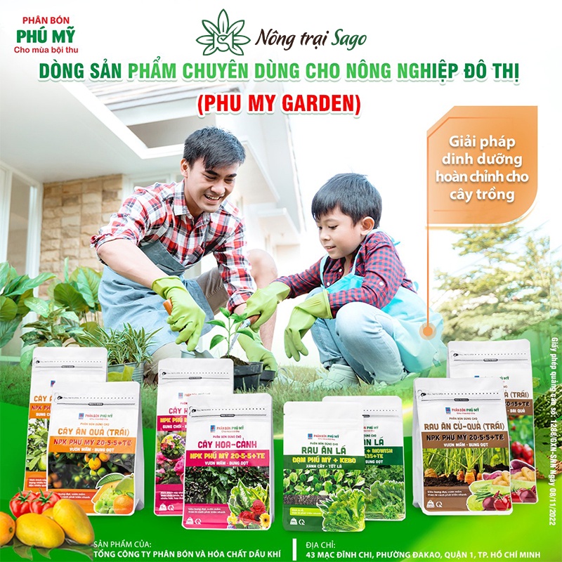 Phân bón NPK Phú Mỹ 20-20-15+TE (túi 1kg) dành cho Rau củ quả,bung nụ,tốt củ, trái to, chống rụng, nứt - Nông Trại Sago
