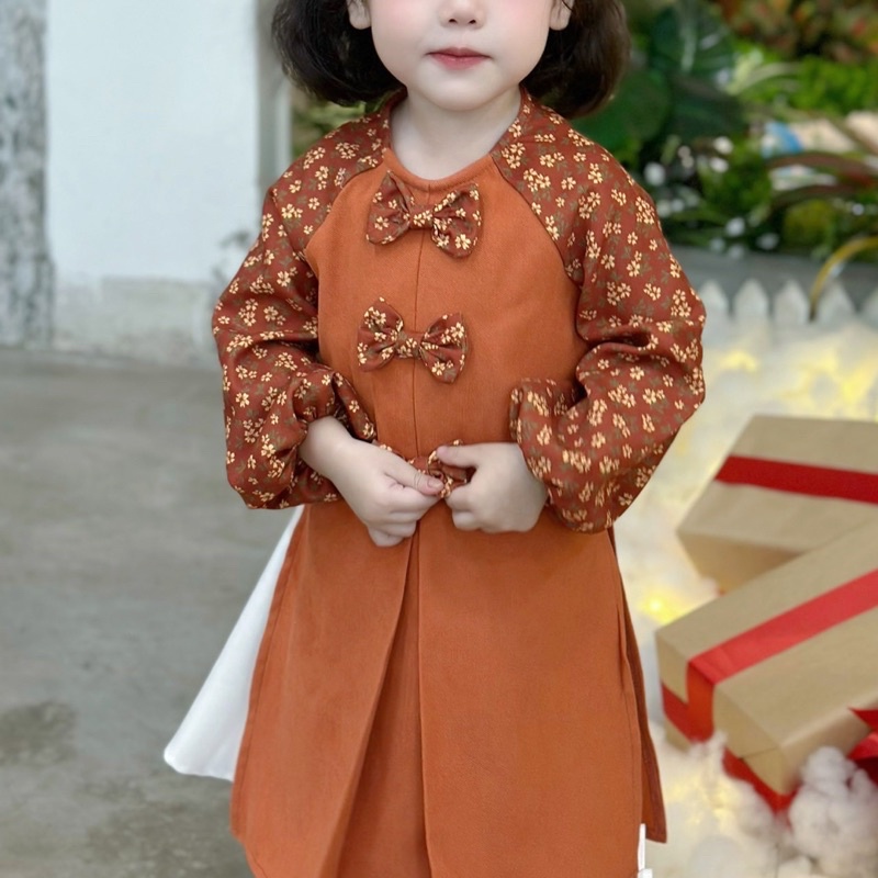 BỘ ÁO DÀI CÁCH TÂN NHUNG PHỐI NƠ XỊN XÒ️️️️, kimbaby ADCT01 chất liệu nhung tăm mềm , phom dáng chuẩn.