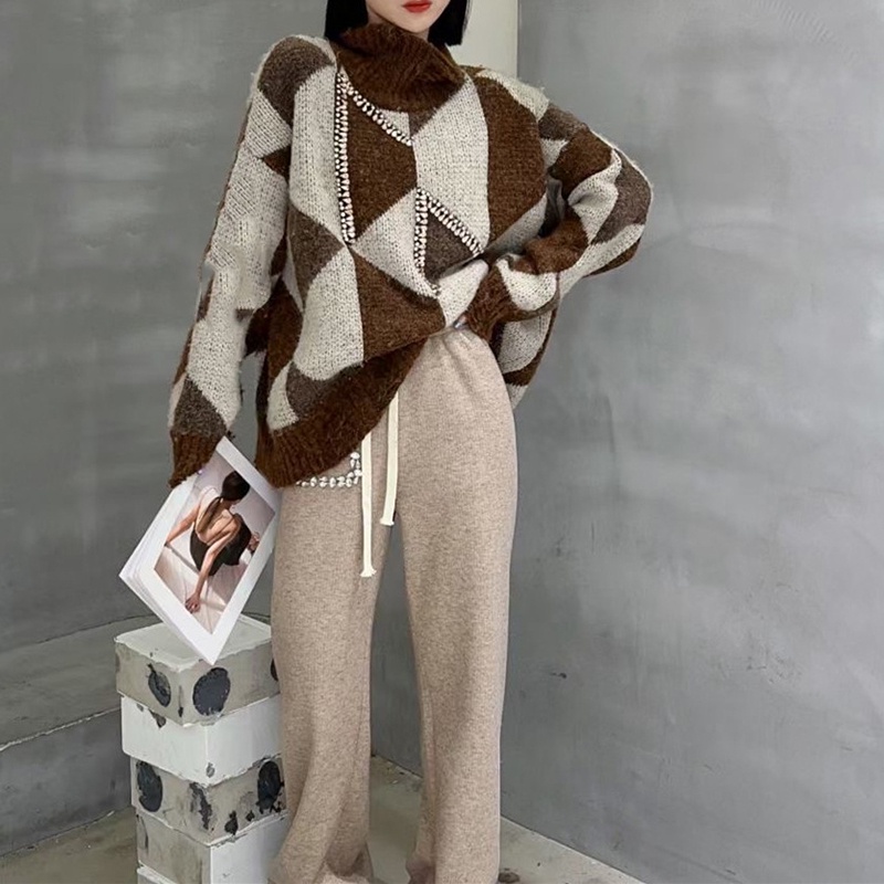 IELGYÁo sweater Dệt Kim Cổ Lọ Họa Tiết Kẻ Sọc Màu Sắc Thời Trang Cho Nữ