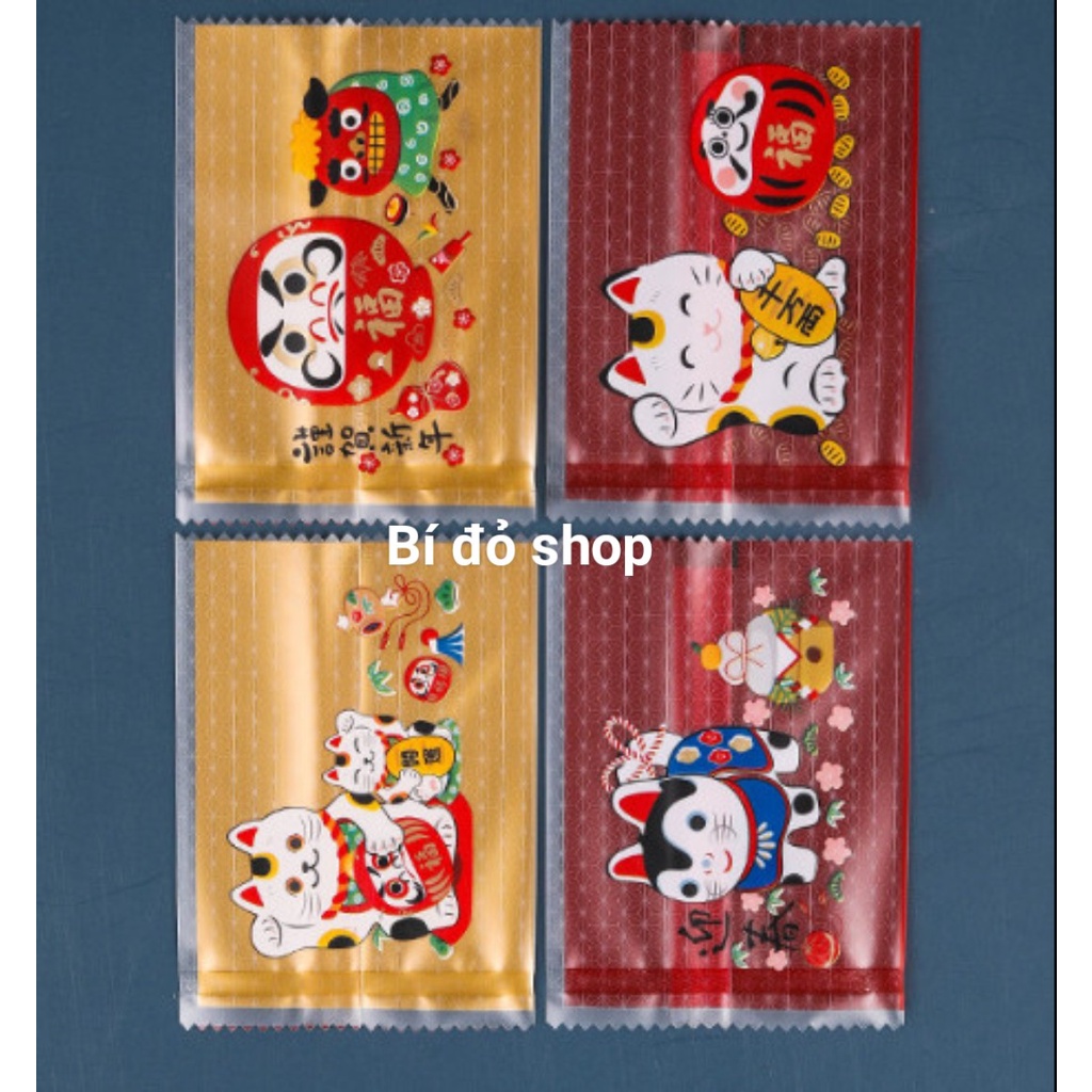 Set 100 túi bánh QUY qui MÈO may mắn 2 Màu Thần Tài Nhật Bản Bánh hành bánh tuyết cookies cookie hàn miệng 7 *9.5 cm