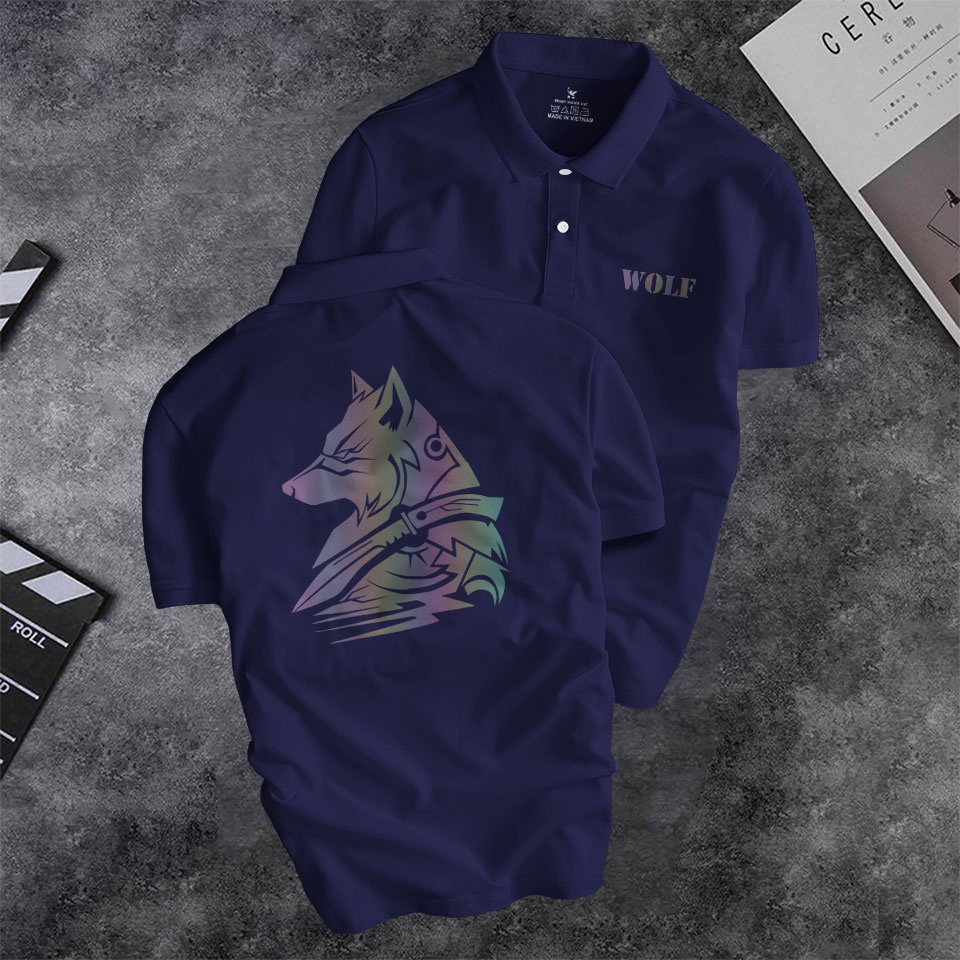 Áo polo nam Depstyle PT150 in hình sói phản quang, vải thun poly cá sấu 4 chiều mặc mát.