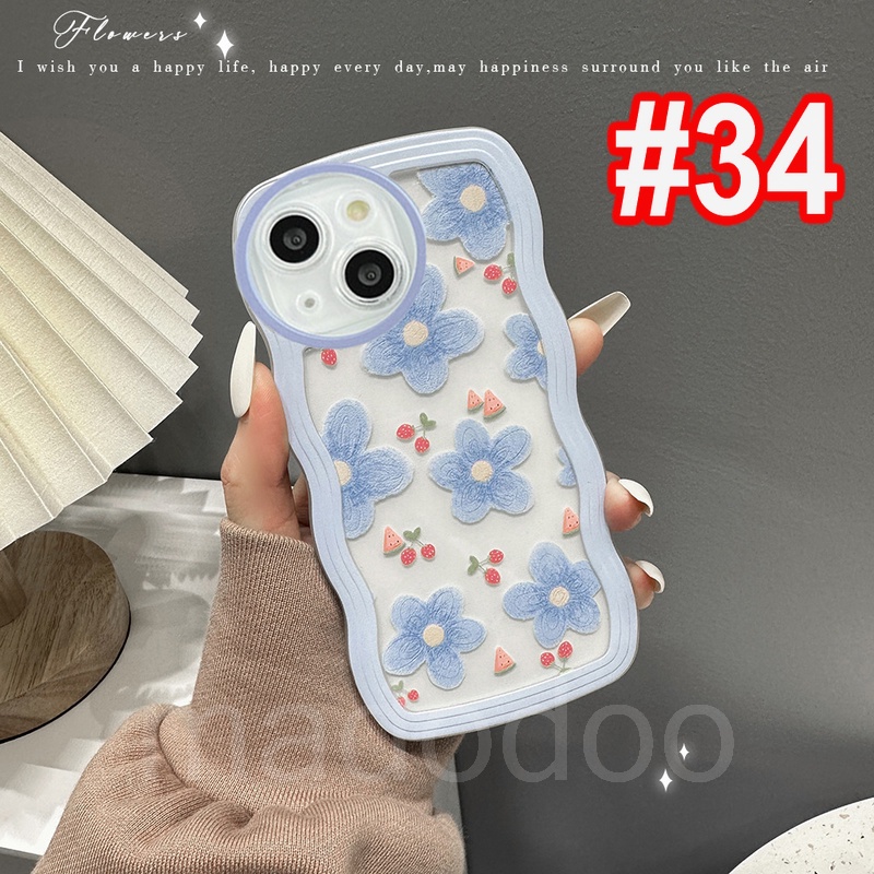 Samsung Galaxy A54 A34 A24 A14 A04 A12 A23 A73 A53 A52 A52S A33 A32 A72 A22 A13 4G 5G A03S A02S A11 A02 A03 A51 A50 A50S A30S A20 A30 A20S A10S A21S M12 M22 M32 M11 M02 Cute Strawberry Blue Pink Flower Waves Edge Shockproof TPU Soft Clear Phone Case BW 33