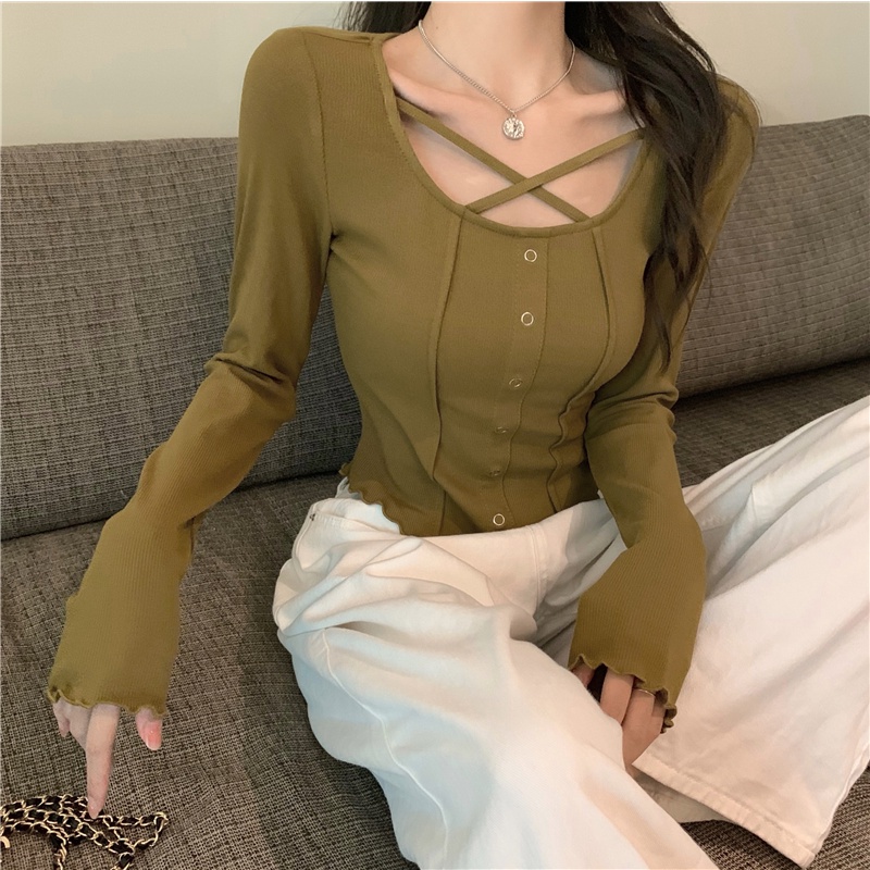 Áo kiểu ZHELIHANGFEI tay dài cổ phối dây đan chéo thời trang trẻ trung