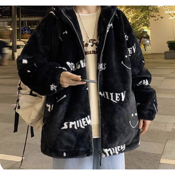 Áo khoác lông thỏ mặt cười smile big size hàng quảng châu cao cấp loại 1, áo khoác unisex kiểu dáng hàn quốc_onehit shop